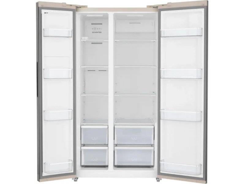 Zugel ZRSS630C открытые двери внутренняя структура полки выдвижные ящики морозильной камеры