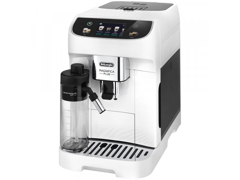 De Longhi Magnifica Plus ECAM 320.60.W белый — вид спереди, сенсорная панель TFT, молочный контейнер и поддон