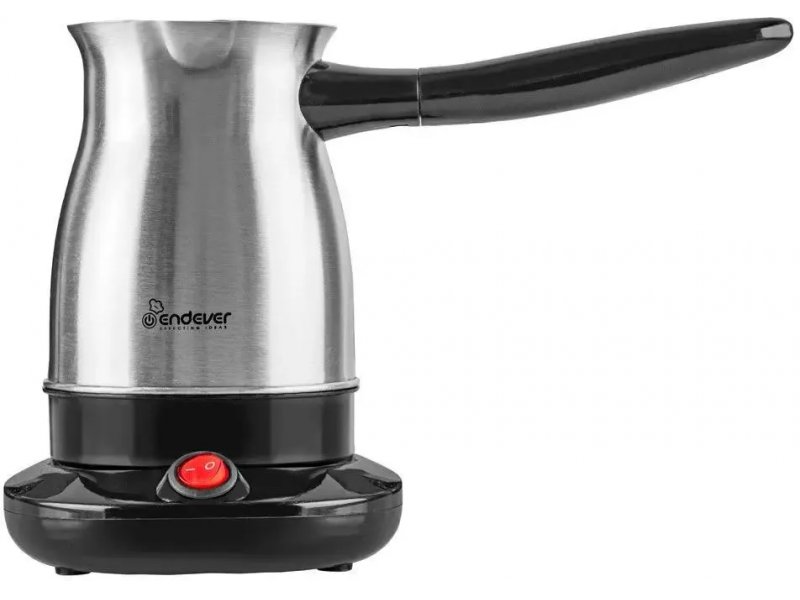 Endever Costa-1009 электрическая турка из нержавеющей стали на чёрной беспроводной подставке с красной кнопкой включения