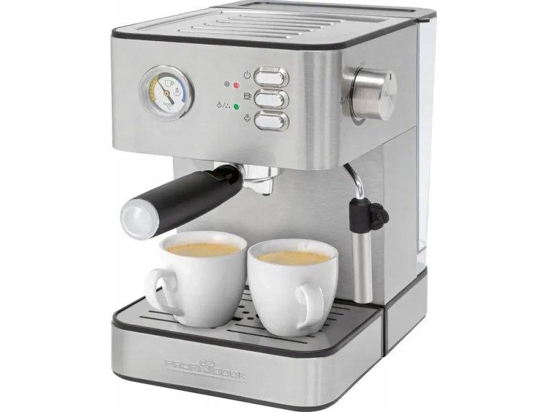 Profi Cook PC-ES 1209 серебристый — вид спереди, панель управления с манометром, две чашки на подставке