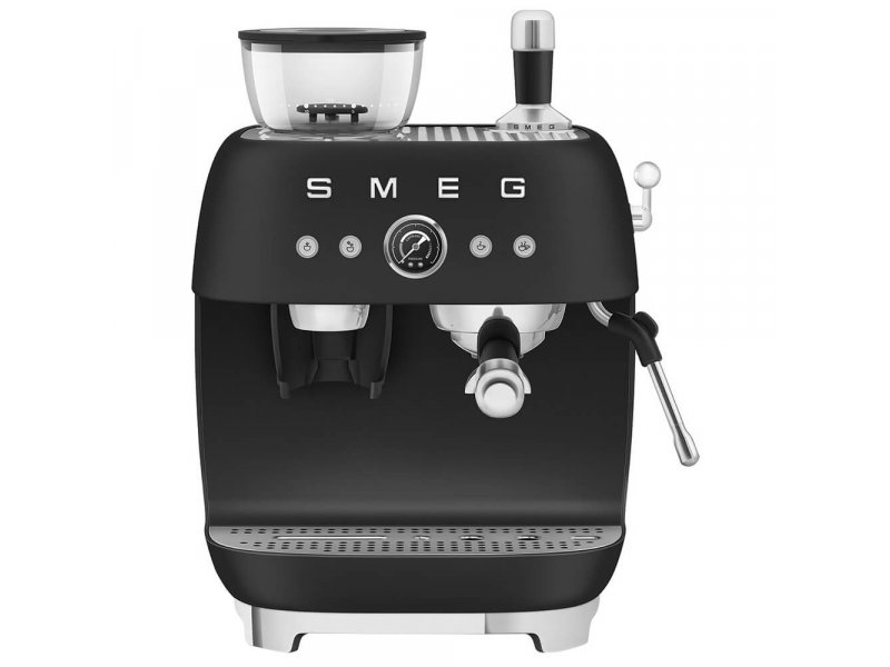 Smeg EGF03BLMEU черный фронтальный вид — рожковая кофемашина с двумя группами и бункером для зерна