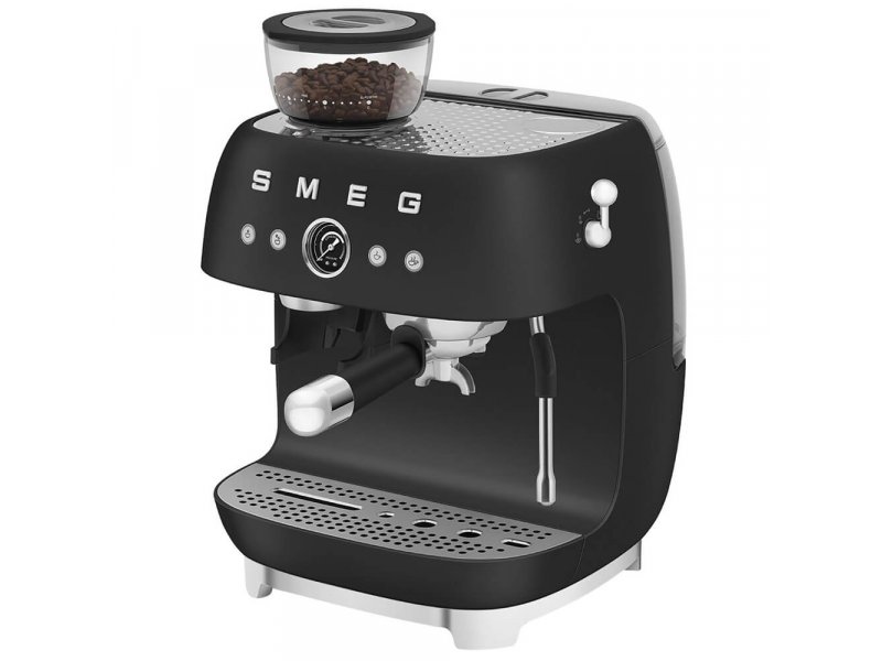 Smeg EGF03BLMEU боковой вид — бункер для зерна, портофильтр, минималистичный чёрный дизайн