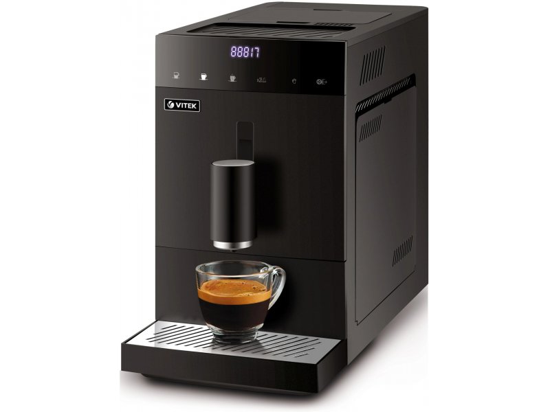 Vitek Metropolis VT-8700 чёрный — вид спереди, сенсорная панель, чашка под носиком