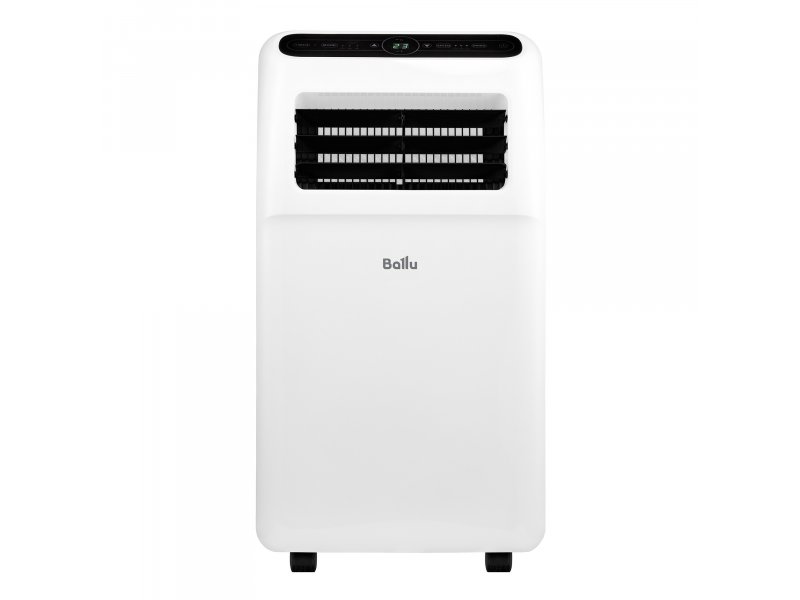 Ballu BPAC-12 CP/N1_24Y вид спереди с закрытыми жалюзи — лаконичный белый корпус, чёрная панель управления