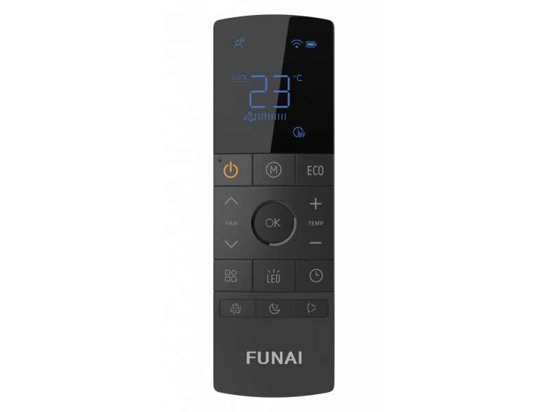 Пульт ДУ Funai RAC-I-AK55HP.D02 с LED-дисплеем, кнопками температуры, режимов ECO и скорости вентилятора