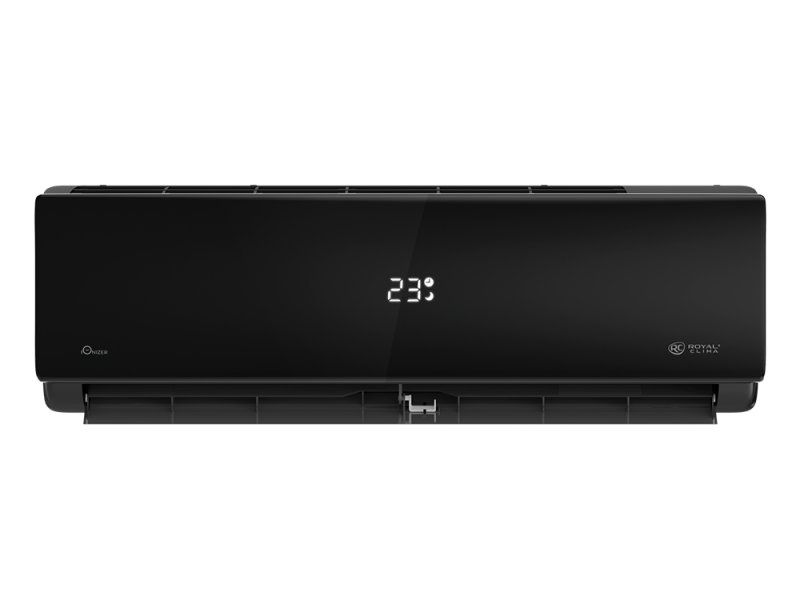 Royal Clima Attica Nero RC-AN35HN внутренний блок — тонкий чёрный корпус, воздухозаборная решётка, LED-дисплей