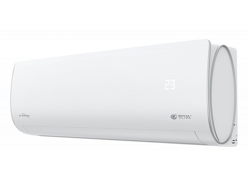 Royal Clima RCI-AR28HN угловой вид &mdash; логотипы Royal Clima и DC Inverter, общая геометрия корпуса