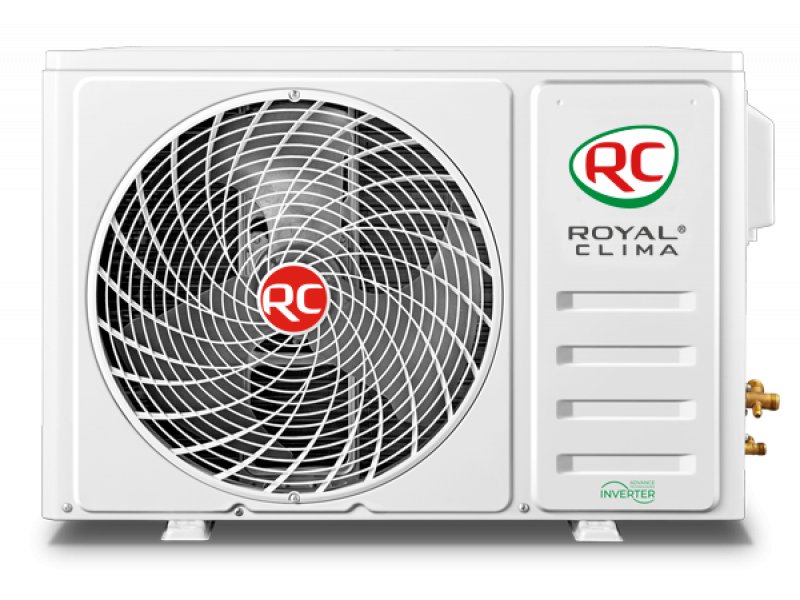 Royal Clima RCI-AR28HN наружный блок &mdash; вентилятор, медные трубопроводные разъёмы и логотип INVERTER