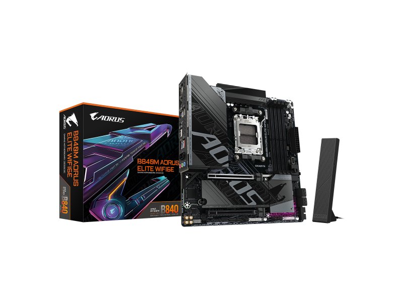Коробка GIGABYTE B840M AORUS ELITE WIFI6E — упаковка серии AORUS, антенны Wi-Fi и крепёжный комплект в комплекте