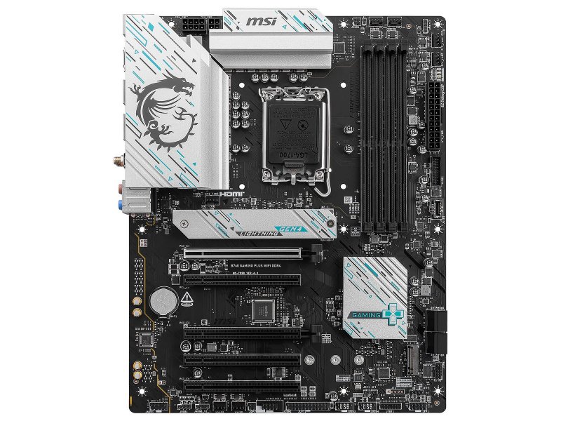 MSI B760 Gaming Plus WiFi вид сверху — сокет LGA1700, слоты расширения и радиаторы VRM