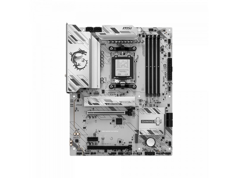 MSI B850 Gaming Plus WiFi6E ATX AM5 — вид спереди, радиаторы VRM и слоты DDR5