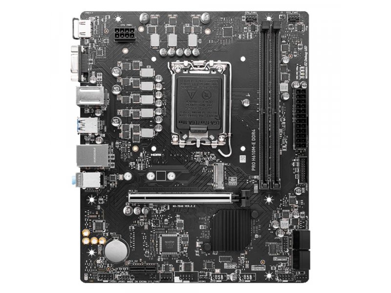 MSI Pro H610M-E DDR4 вид сверху слоты DDR4 и разъёмы питания