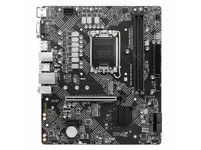 MSI Pro H610M-G DDR4 — вид на плату mATX с сокетом LGA 1700, слотами DIMM и разъёмами SATA