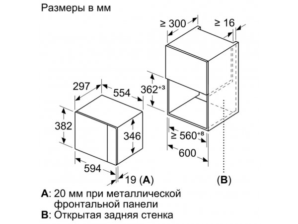 Bosch BFL524MS0 полный технический чертёж оба варианта установки A и B габариты в миллиметрах
