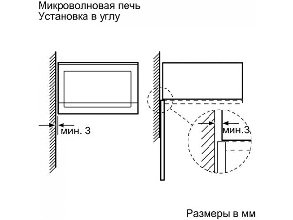 Bosch BFL554MS0 схема установки в угловой кухонный шкаф — минимальные расстояния до стен от 3 мм