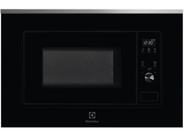 Electrolux LMS 2203 EMX вид спереди — чёрный фасад, дисплей с часами и кнопка открывания дверцы