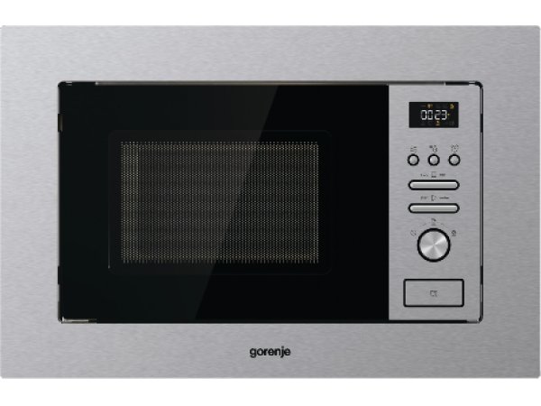 Gorenje BM201AM1X встраиваемая микроволновая печь вид спереди, серебристый корпус, панель управления с кнопками