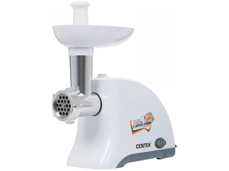 Centek CT-1609 White электрическая мясорубка белый корпус металлический шнек нож вид спереди