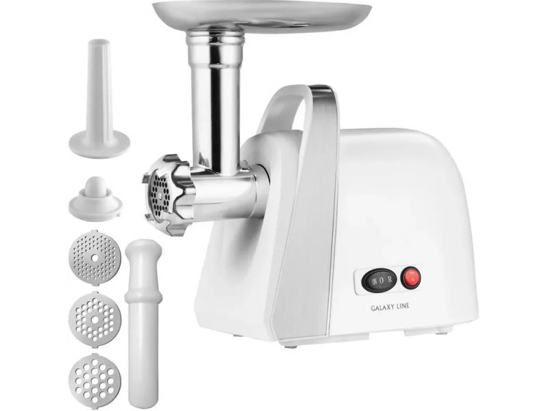 Galaxy Line GL 2421 белая мясорубка с металлическим шнеком, решётками и насадками для колбасок