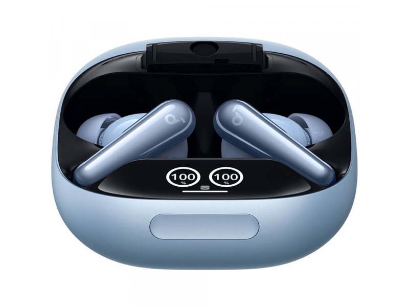 Soundcore Liberty 4 Pro — наушники и кейс голубого цвета, вид сверху