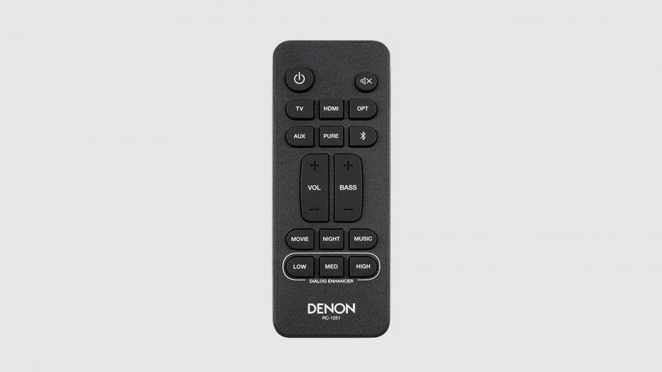 Пульт управления Denon RC-1251 — кнопки включения, регулировки громкости, баса, выбора источника и звуковых режимов