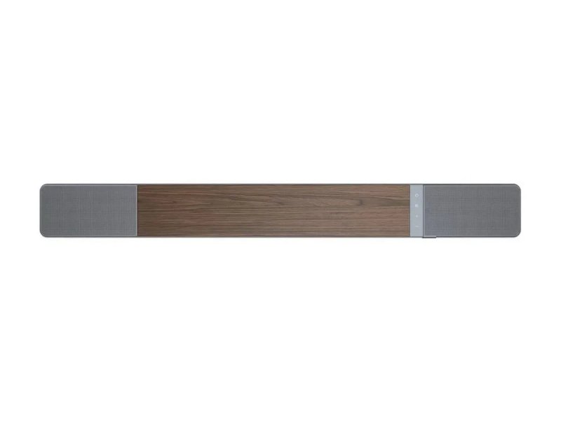 Klipsch Flexus Core 200 Walnut вид сверху — серые динамики по бокам и деревянная центральная часть