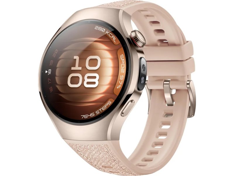 Huawei Watch 5 Soc-L29L 42mm бежевый — вид спереди-сбоку, AMOLED-циферблат, корпус из нержавеющей стали