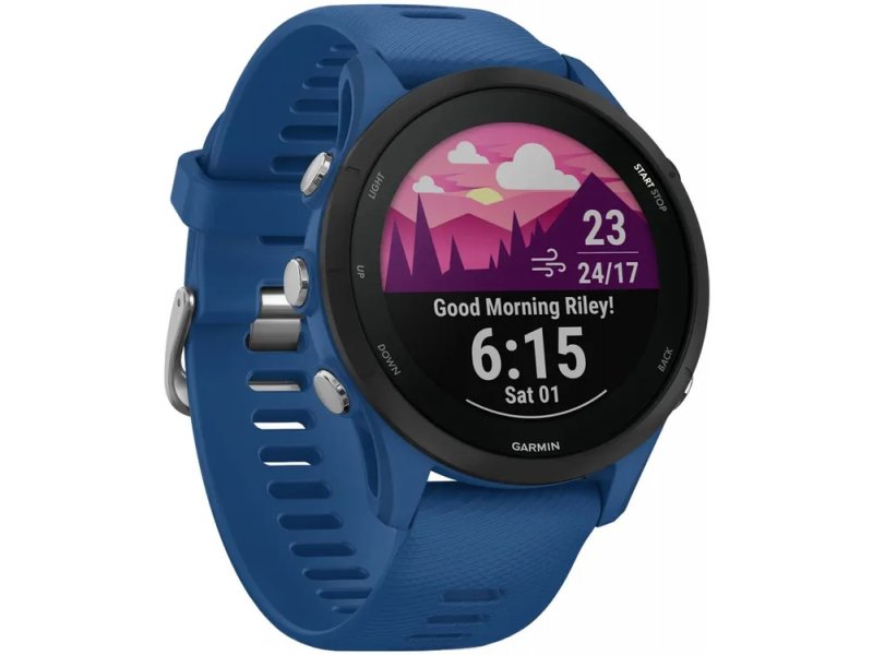 Garmin Forerunner 255 33мм черный — боковой профиль, цветной AMOLED-экран с датой, временем и погодой