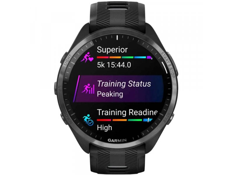 Garmin Forerunner 965 экран тренировочного статуса — метрики беговых нагрузок и анализ Training Readiness в фиолетово-синем интерфейсе