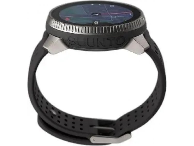 Suunto Race — тонкий стальной корпус, вид сверху, силиконовый серый ремешок с перфорацией