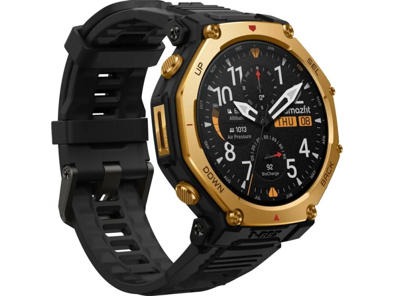 Amazfit T-Rex 3 Pro A2444 — боковой профиль золотистого титанового корпуса с физическими кнопками управления