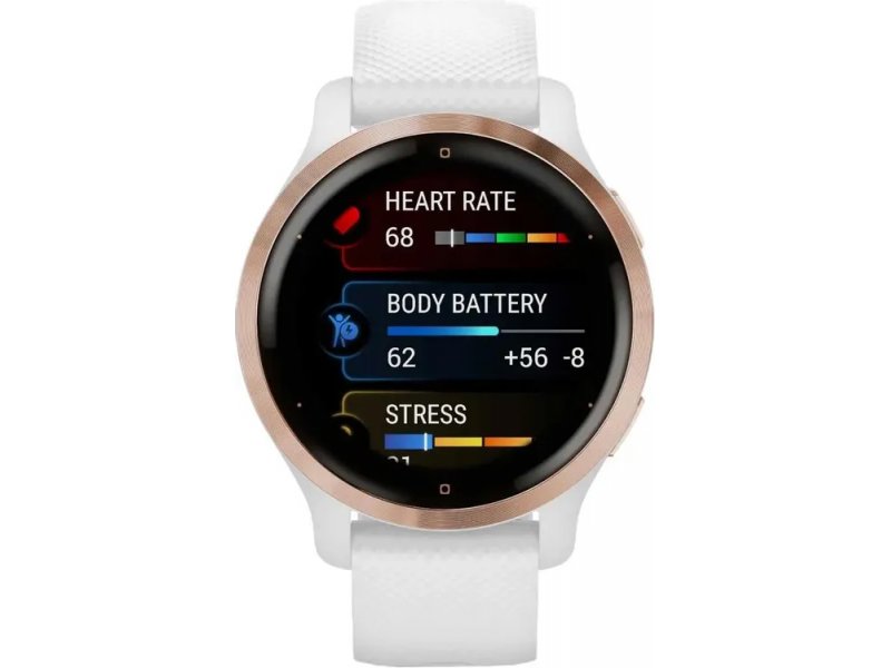Garmin Venu 2S — экран мониторинга здоровья с показателями пульса и уровня стресса