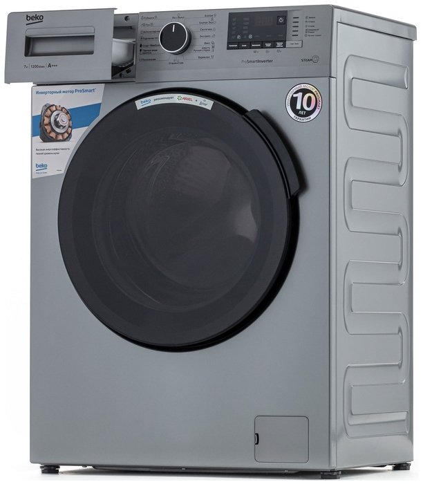 Beko RSPE78612S открытый люк — барабан, информационная наклейка на корпусе