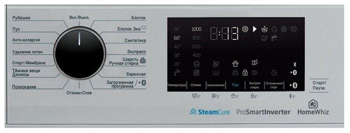 Beko WSPE7H616S панель управления — цифровой дисплей, регулятор программ, логотипы SteamCure и ProSmart Inverter