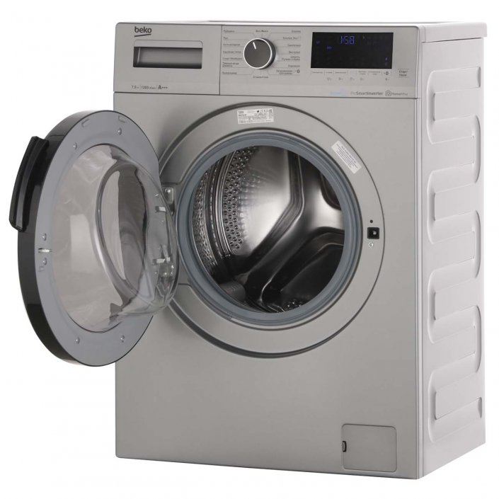 Beko WSPE7H616S открытый люк — барабан из нержавеющей стали, диаметр люка 34 см, угол открытия 170 градусов