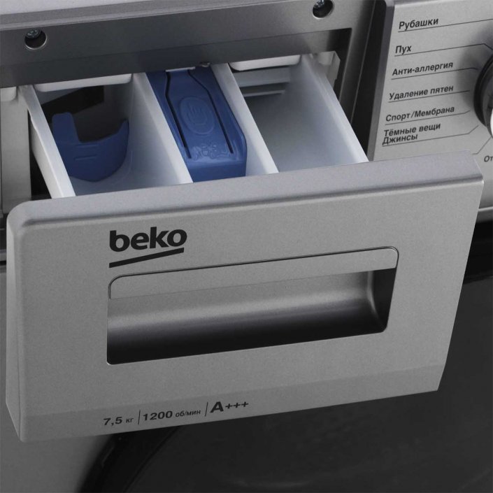 Beko WSPE7H616S выдвижной лоток для моющих средств — три отсека для порошка, кондиционера и отбеливателя