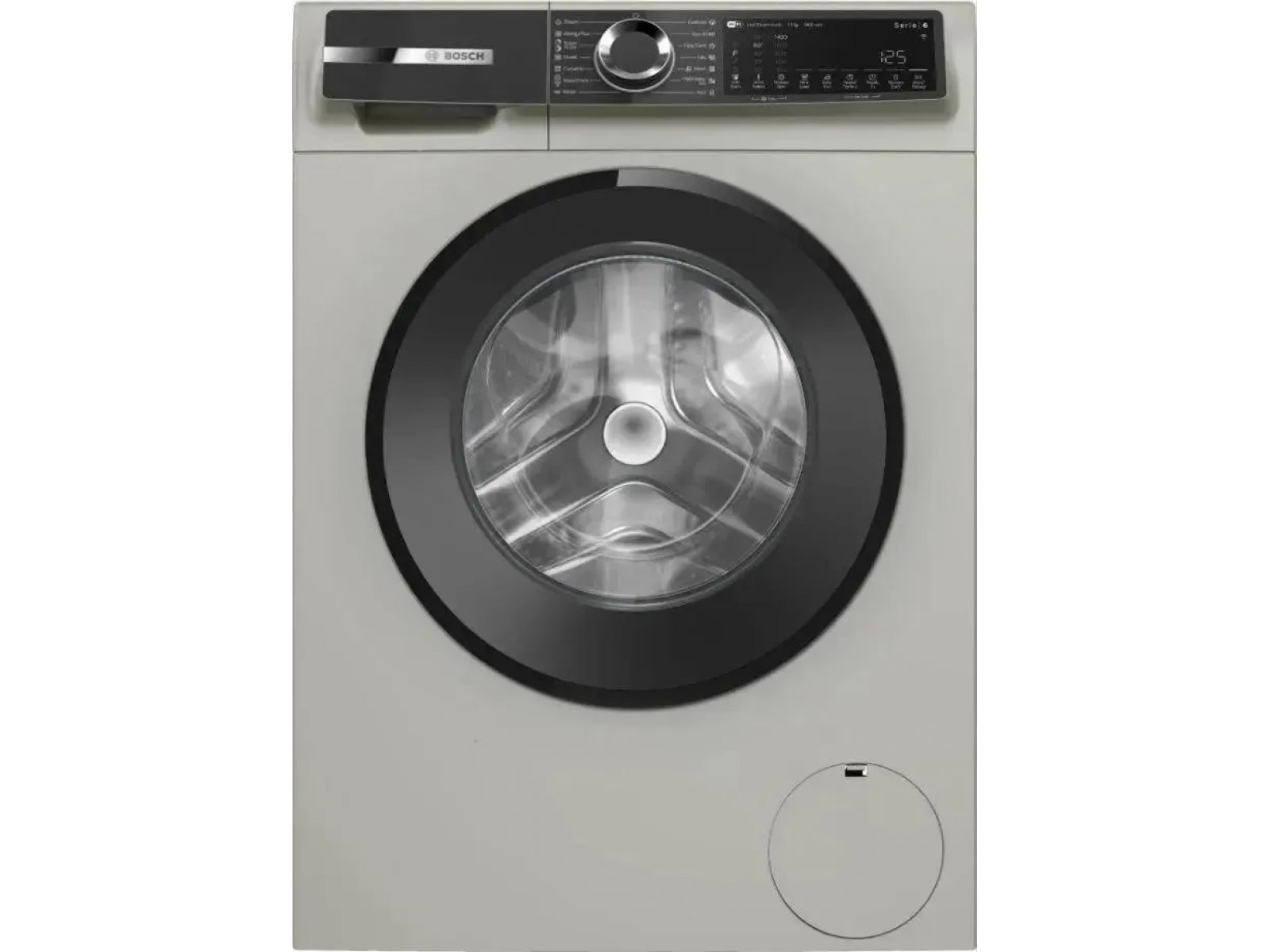 Bosch WGK244ZXME вид спереди — серый корпус, чёрный люк, электронная панель управления