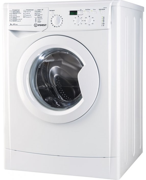 Indesit IWSD 51051 CIS вид спереди — белый корпус, панель управления с регулятором программ и цифровым дисплеем