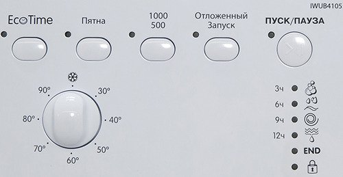Indesit IWUB 4105 детали панели управления — температурный регулятор со шкалой, кнопки режимов, индикатор времени стирки и кнопка запуска