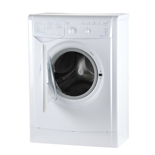 Indesit IWUB 4105 вид сбоку — тонкий корпус глубиной 33 см, боковая панель, полный профиль машины