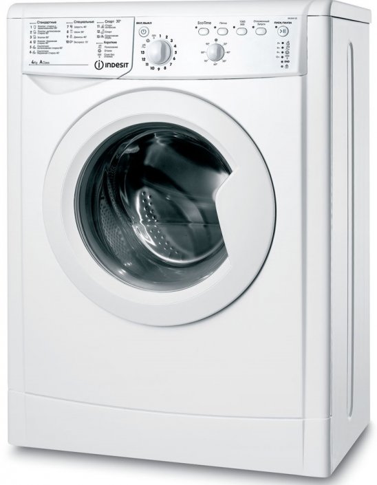 Indesit IWUB 4105 белый вид спереди — узкий корпус глубиной 33 см, круглый люк диаметром 30 см, панель управления с регулятором программ