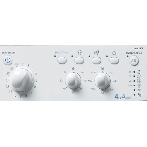 Indesit IWUC 4105 CIS — панель управления с селектором программ, кнопки быстрого запуска и индикаторы режимов