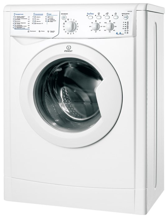 Indesit IWUC 4105 CIS — узкая стиральная машина глубиной 33 см, вид спереди, белый корпус