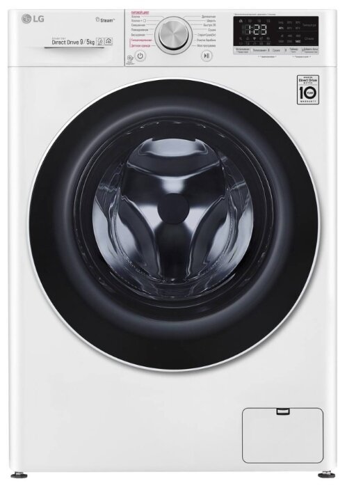 LG AI DD F4V5VG0W фронтальный вид — белый корпус, чёрный люк, панель управления с дисплеем