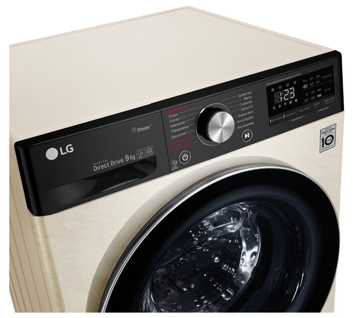 LG F4V5VS9B — чёрная панель управления с ручкой выбора программ и цифровым дисплеем