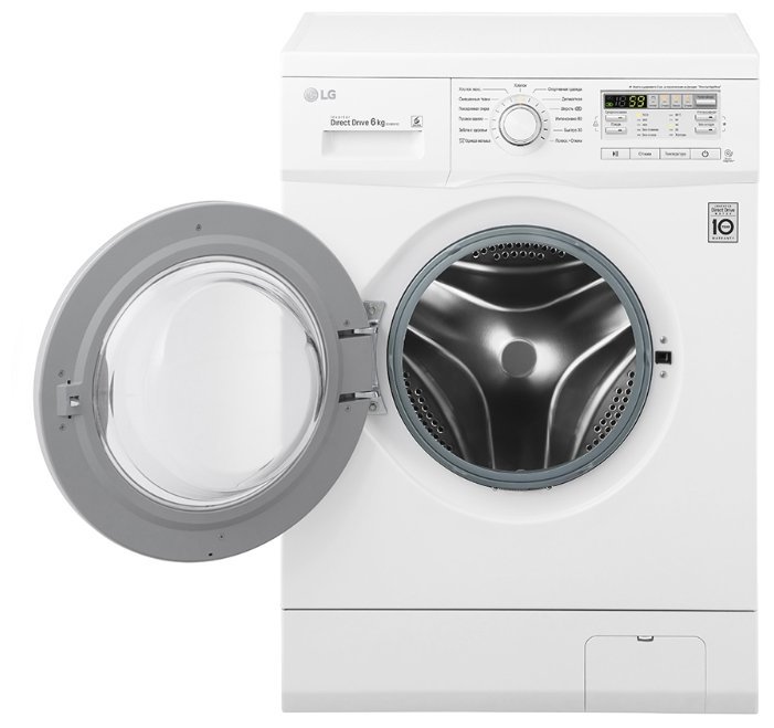 LG F10B8ND открытый люк — диаметр 30 см, угол открытия 160°, барабан 44 л