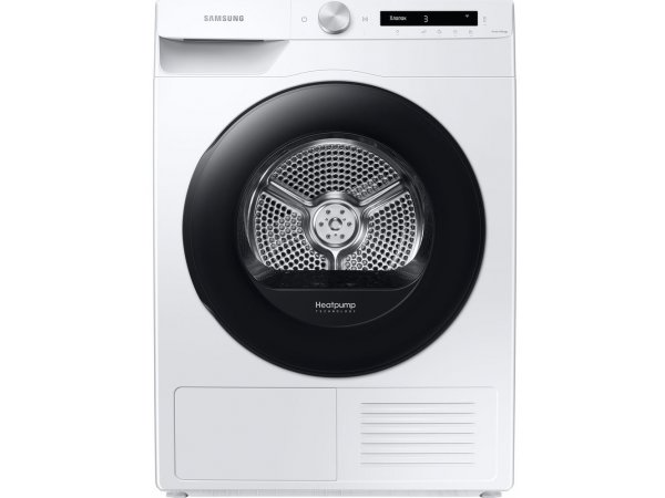 Samsung DV90T5240AW вид спереди — белый корпус, тепловой насос, загрузка 9 кг