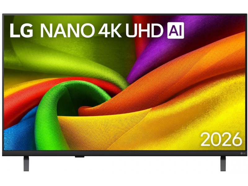 LG 43NU900B6LA Nano Cell 43 дюйма 4K — вид спереди на подставке, экран включён
