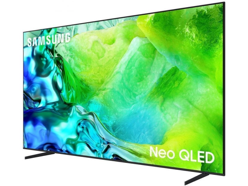 Samsung QE100QN80H — боковой профиль корпуса 5,74 см в глубину, вид на подставку