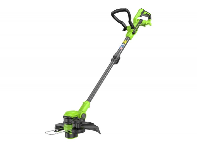 Greenworks G24LT301 общий вид спереди — зелёно-чёрный корпус, прямая штанга, D-образная рукоятка